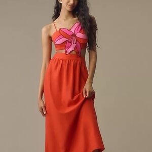 FARM Rio Floral Bodice Linen A-Line Midi Dress - Red M